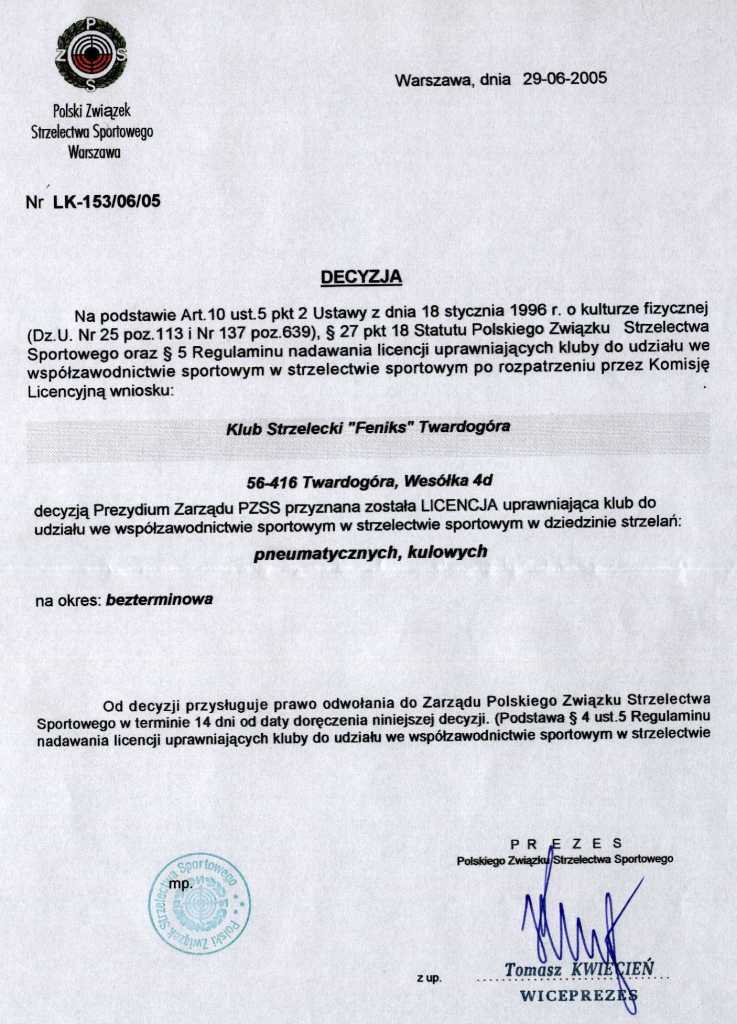 29.06.2005 r. klub uzyskał licencję PZSS.
